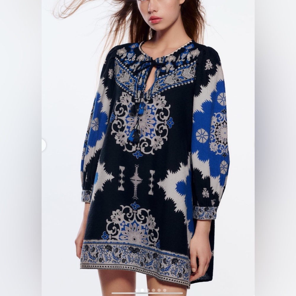 Zara Embroidered Ethnic Boho Black & Blue Printed Mini Dress.